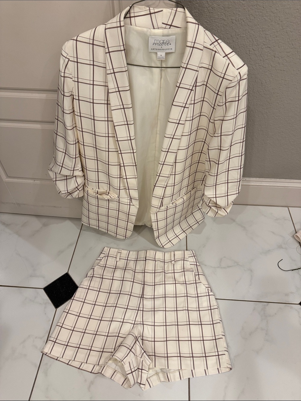 Mauve Cream Plaid Blazer & Shorts Set